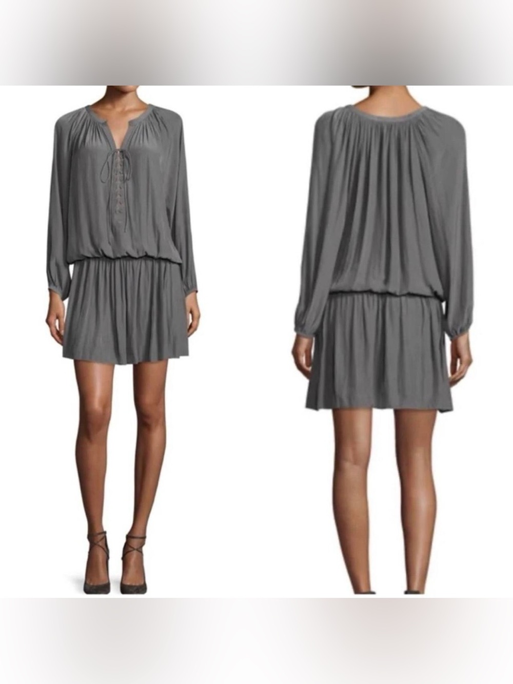 Ramy Brook Gray Long-Sleeve Tie-Front Mini Dress